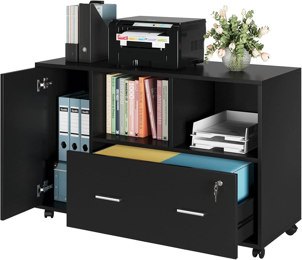 Black Wood File Cabinet with Drawers and Lock S984