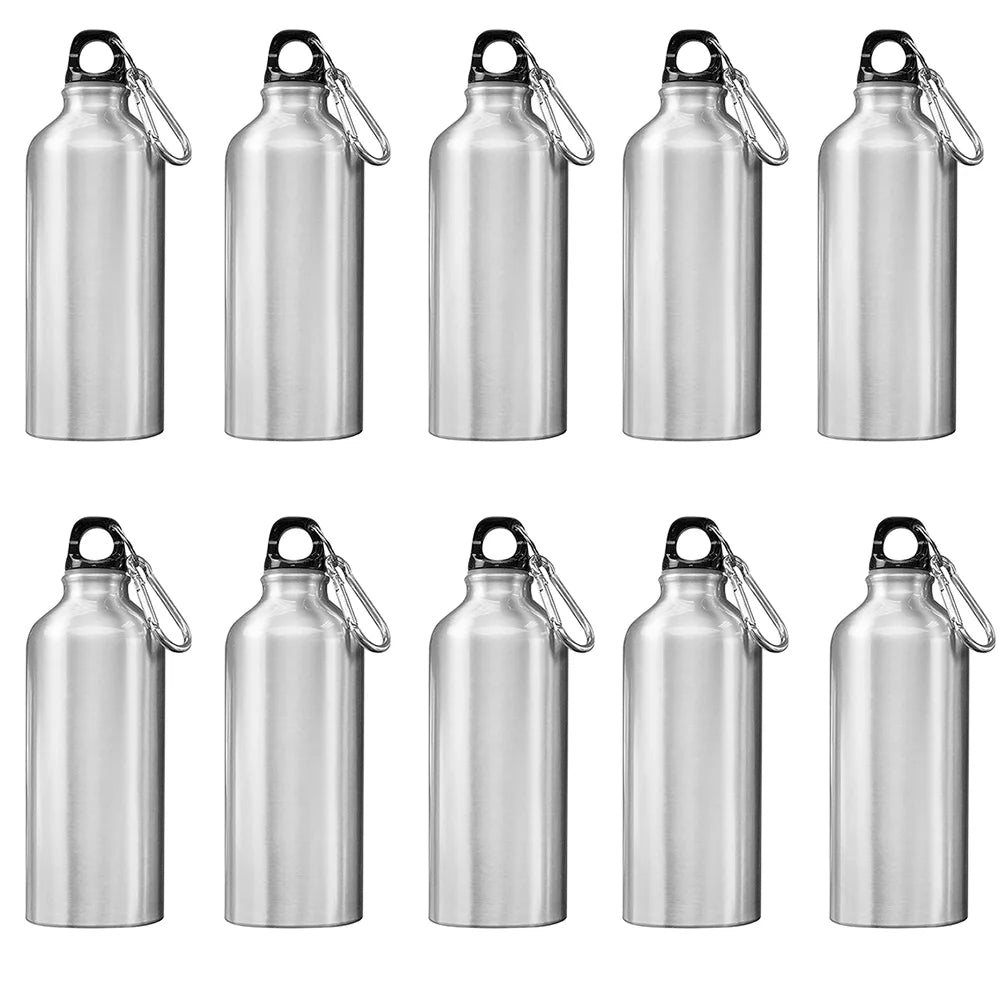 10pcs 600ml Aluminum Water Bottles Silver with Carabiner Hook U206