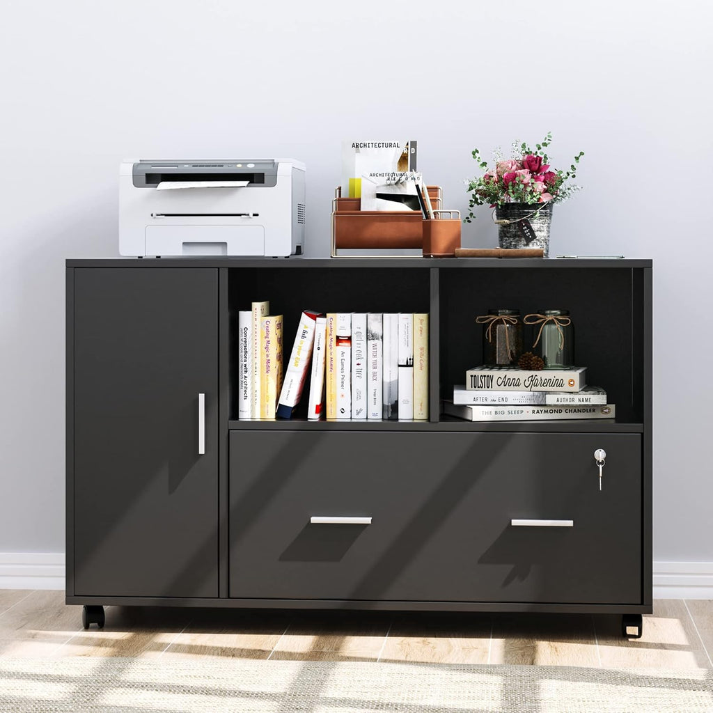 Black Wood File Cabinet with Drawers and Lock S984