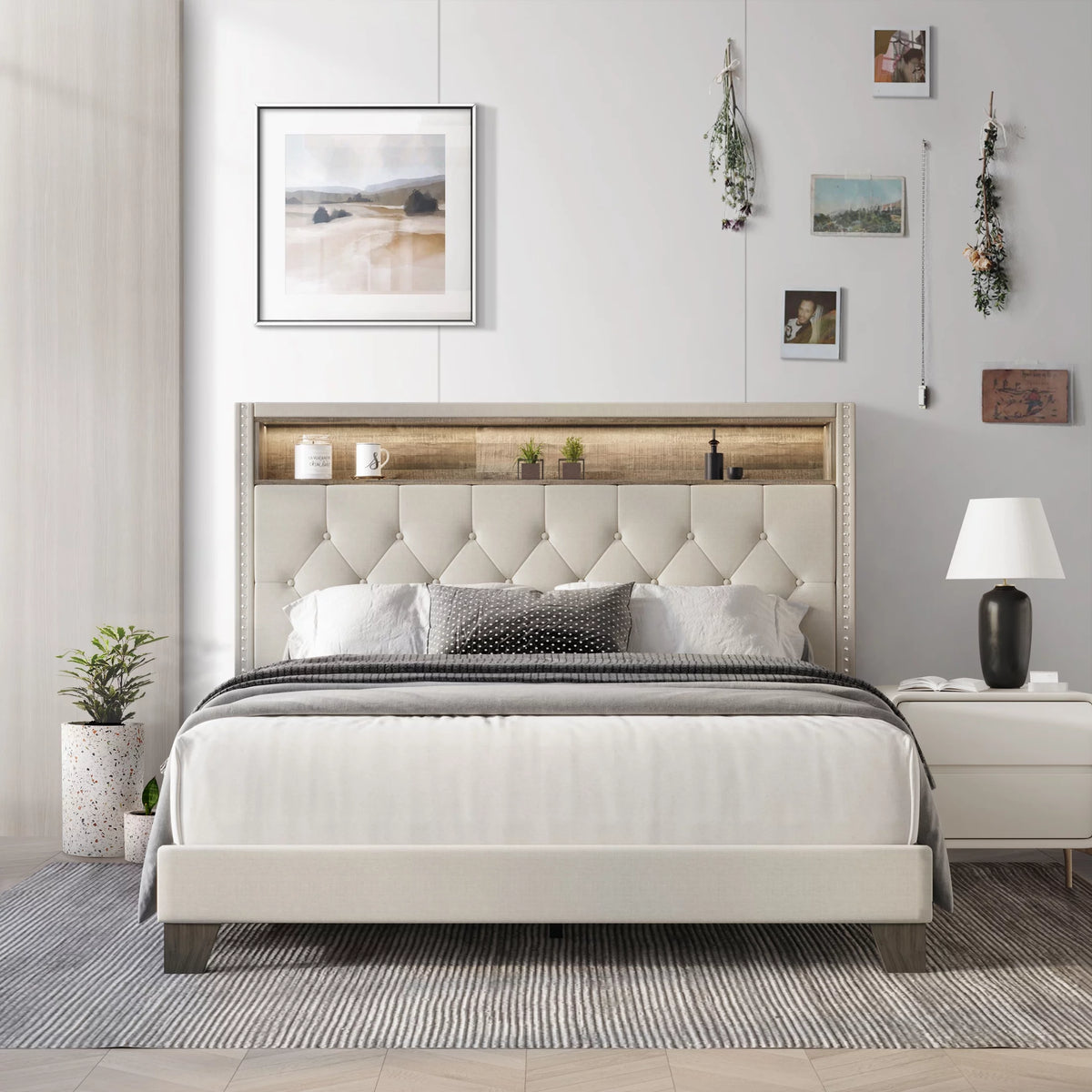 Queen Linen Upholstered Bookcase Bed D2286