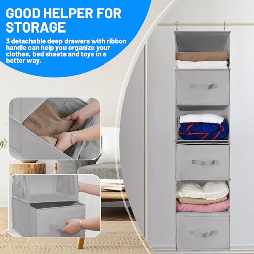 6-Shelf Hanging Closet Organizer with 3 Removable Drawers and 4 Side Pockets, Light Gray K81943