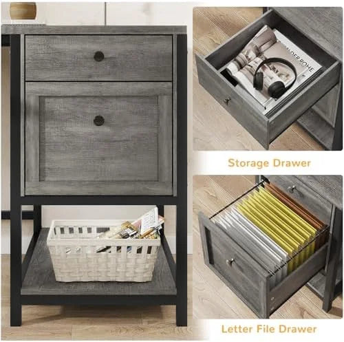 Rustic Brown L Shaped Desk with LED Lights and File Drawers P54747