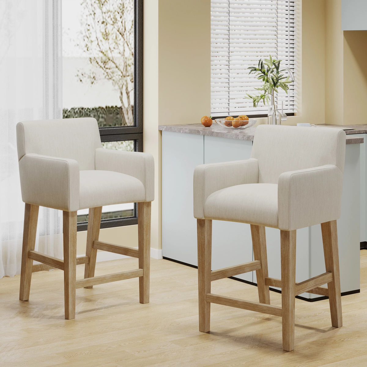 Beige Fabric Upholstered Wood 26 inch Counter Stools Set of 2 T65765