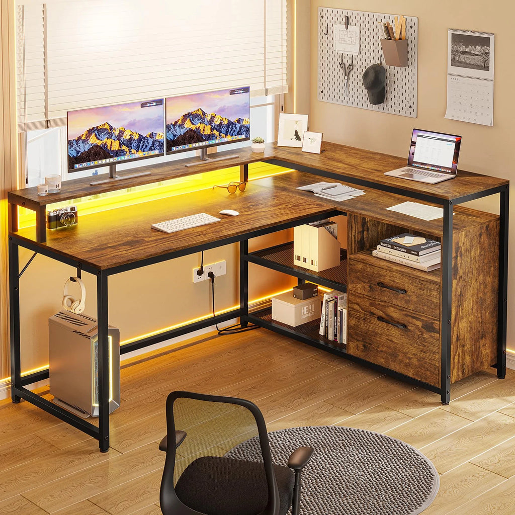 Brown L Shaped Computer Desk with LED Lights and 2 Drawers Z7368
