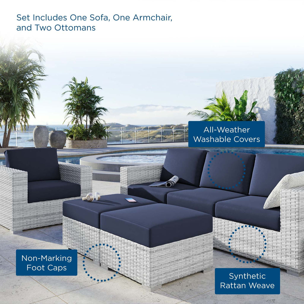 Lounge Sectional Sofa Chair Set, Rattan, Wicker, Light Grey Gray Blue Navy, Outdoor Patio Balcony Cafe Bistro Garden Furniture Hotel Hospitality C350