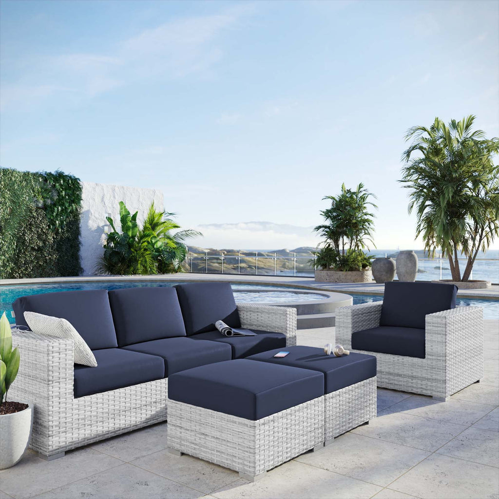 Lounge Sectional Sofa Chair Set, Rattan, Wicker, Light Grey Gray Blue Navy, Outdoor Patio Balcony Cafe Bistro Garden Furniture Hotel Hospitality C350