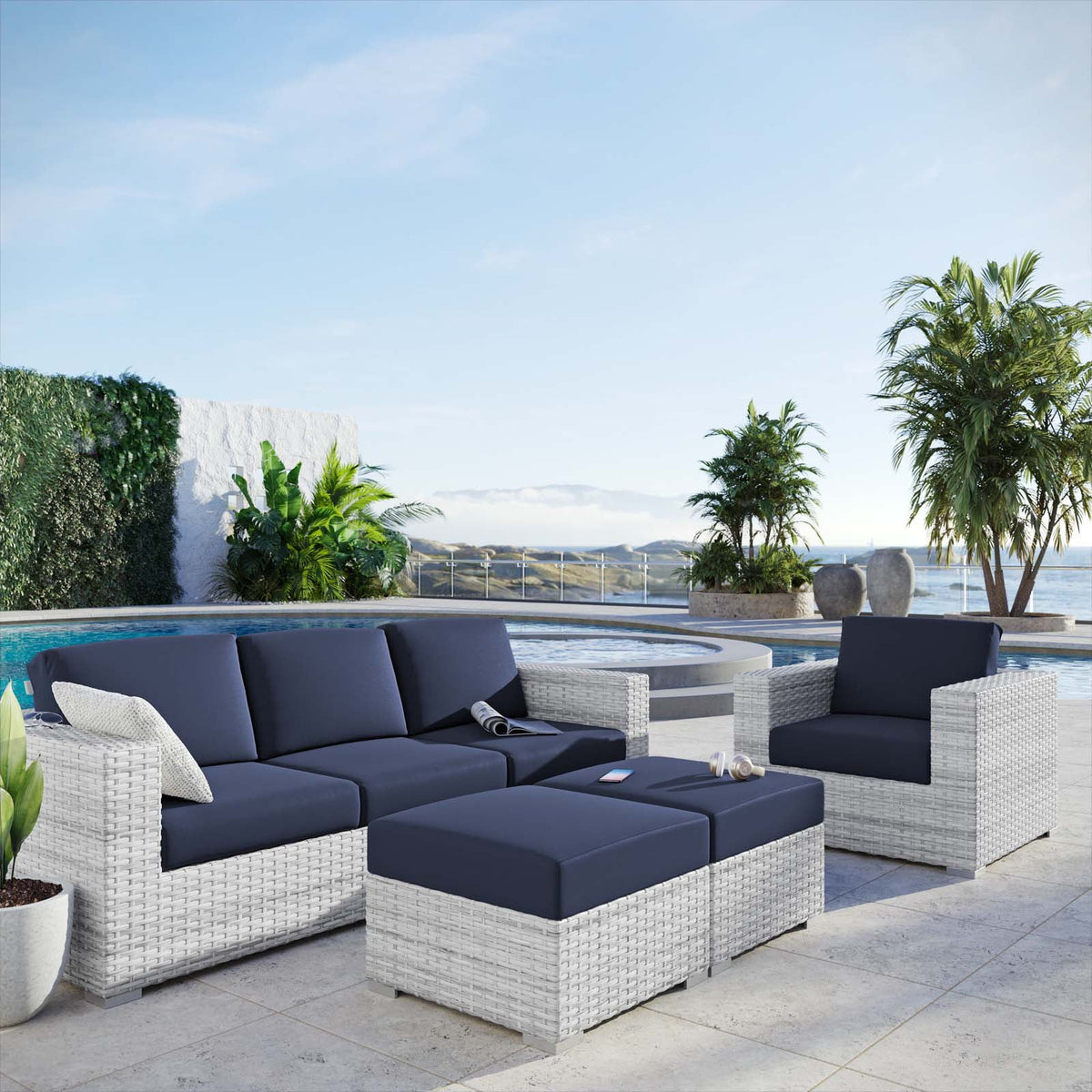 Lounge Sectional Sofa Chair Set, Rattan, Wicker, Light Grey Gray Blue Navy, Outdoor Patio Balcony Cafe Bistro Garden Furniture Hotel Hospitality C350
