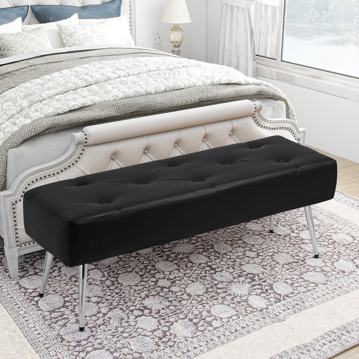 Black Faux PU Leather Tufted Ottoman Bench M17589