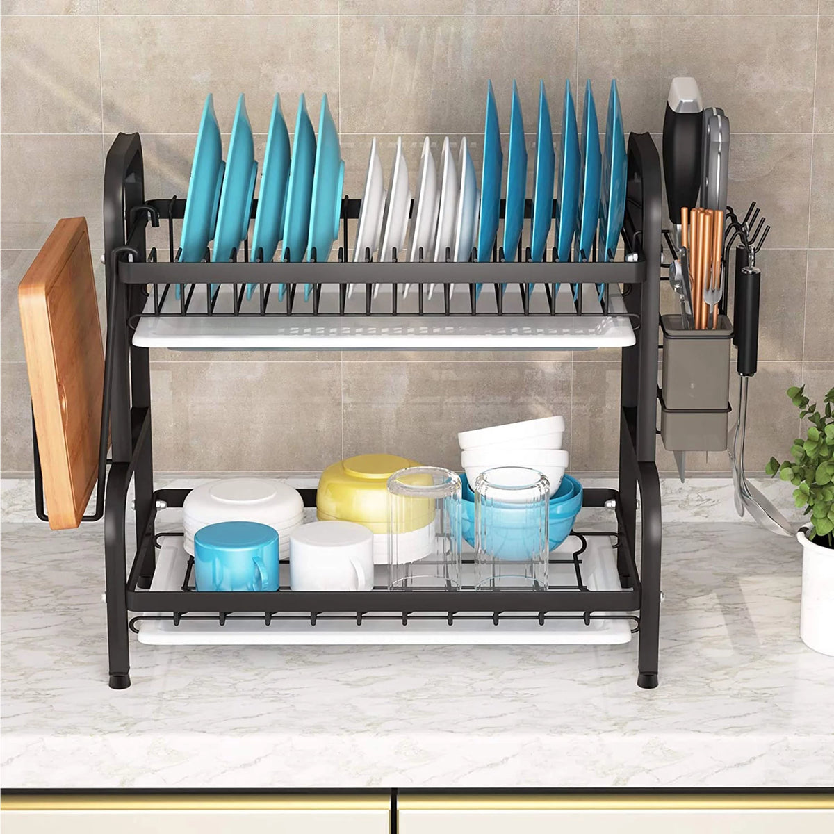 Adjustable 2-Tier Dish Drying Rack with Cutting Board Holder Z886698