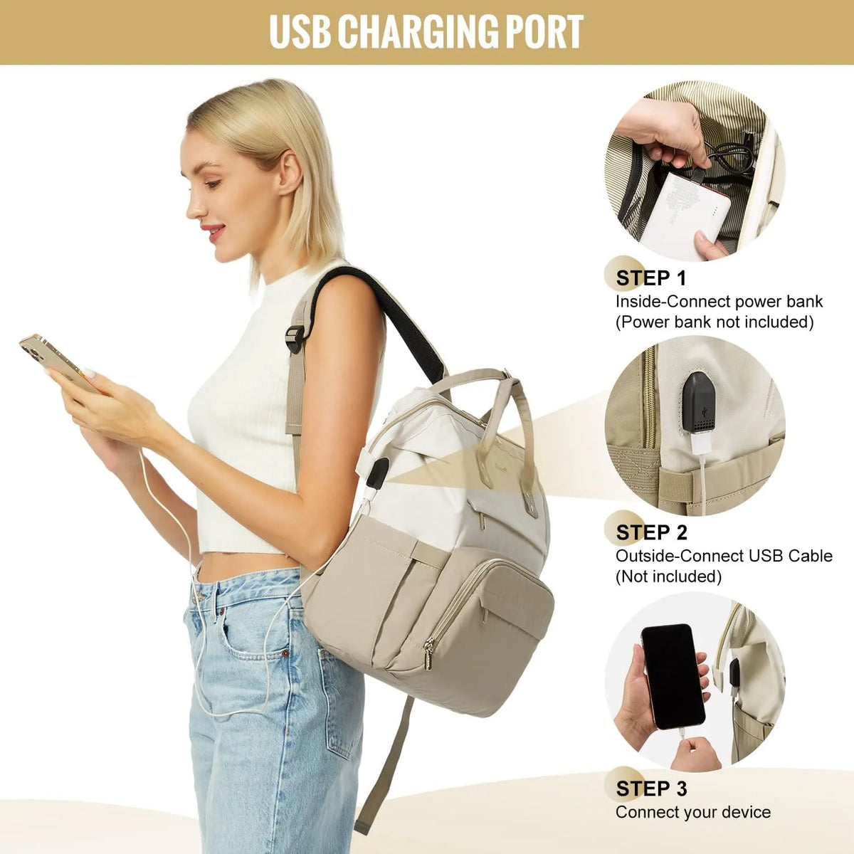 Beige-Khaki Waterproof Laptop Backpack C500
