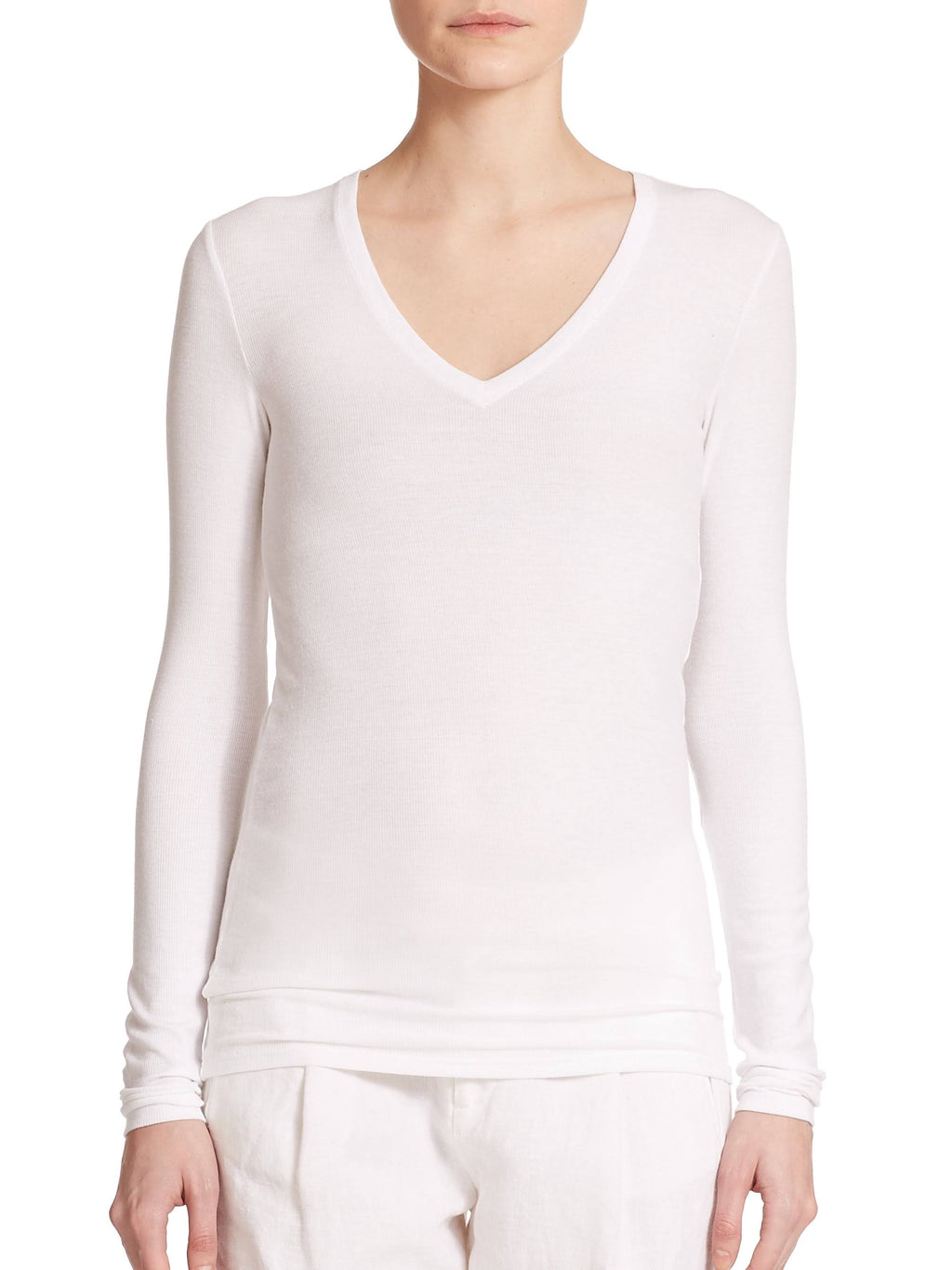 White Long-Sleeve V-Neck Tee B9828
