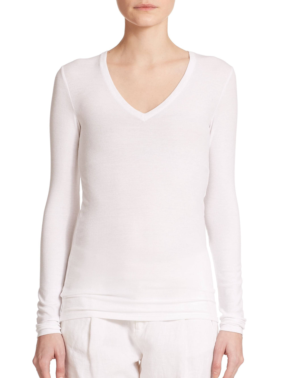 White Long-Sleeve V-Neck Tee B9828