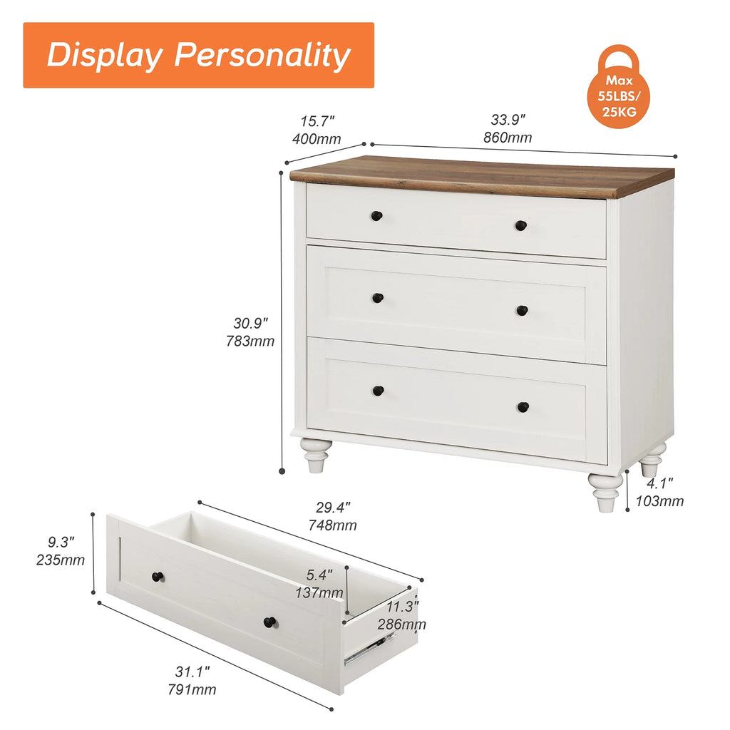 White 3 Drawer Wood Dresser H910