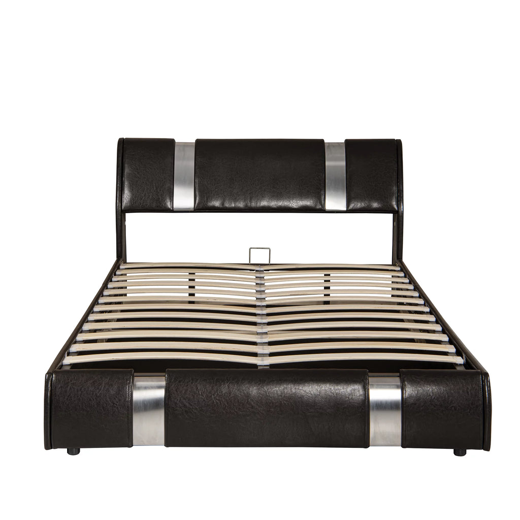 Brown Queen Size Faux Leather Upholstered Platform Bed with Lift Up Storage A9659