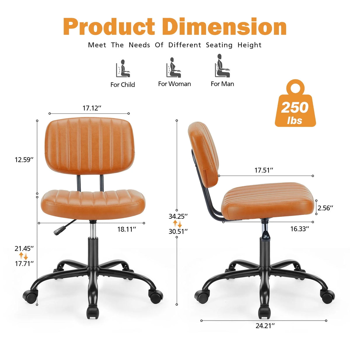 Armless Desk Chair with Wheels and Lumbar Support A802862