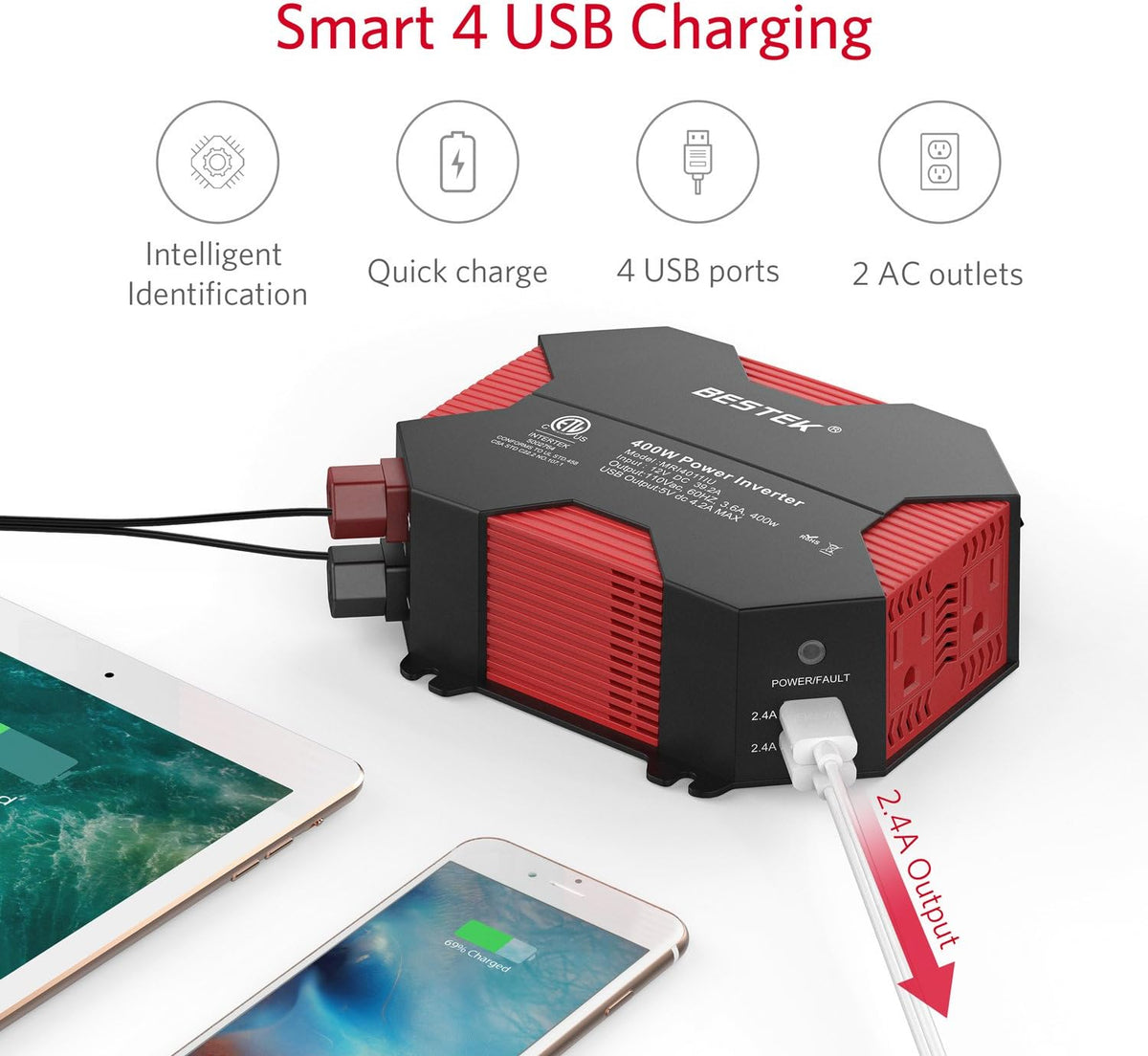 400W Car Power Inverter DC 12V to AC 110V with 4 USB Charging Ports Pack of 2 N6068