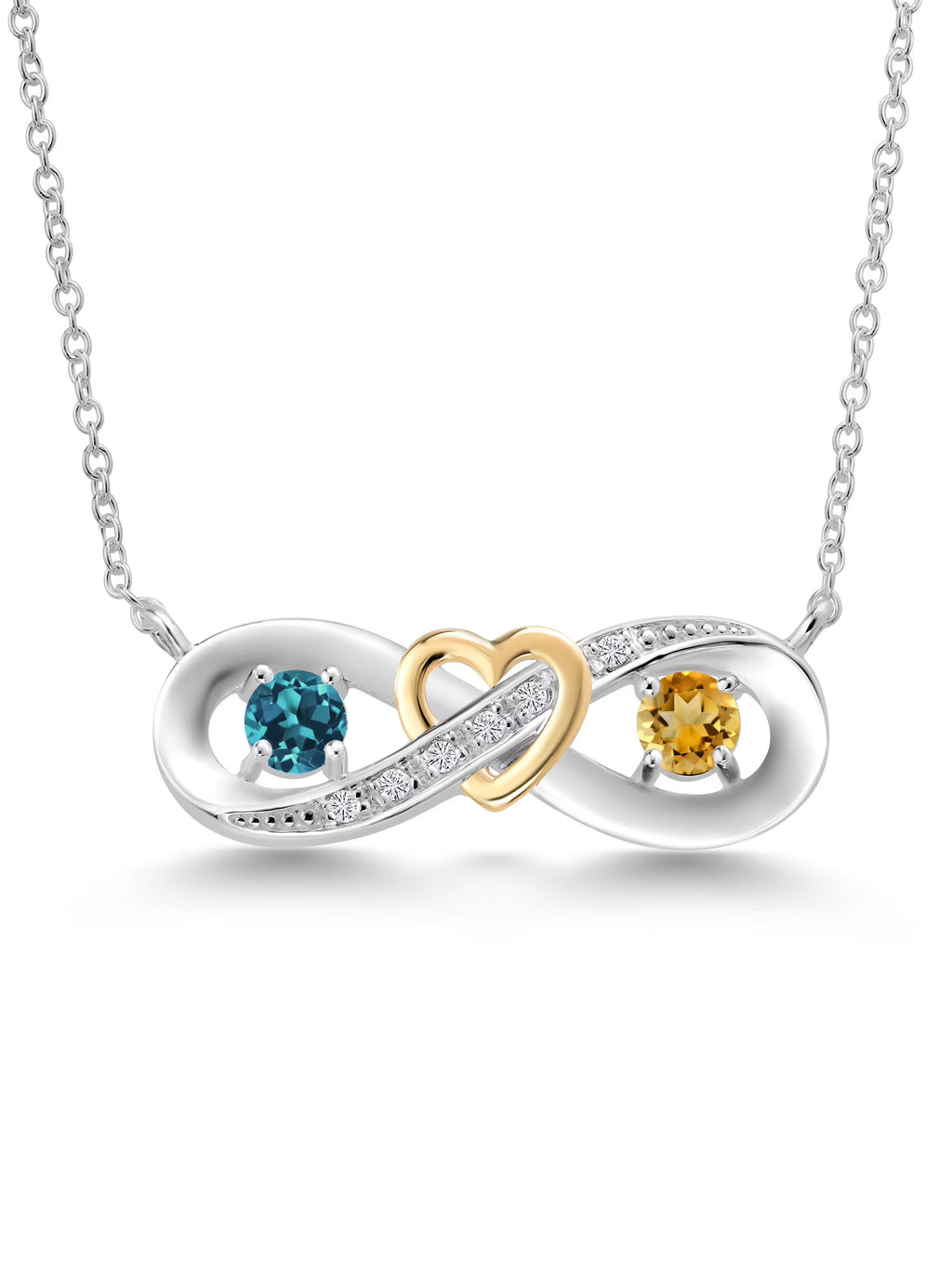 925 Silver 10K Yellow Gold London Blue Topaz Yellow Citrine Lab Grown Diamond Heart Interlocking Infinity Symbol Pendant Necklace with 18 inch Chain N8418