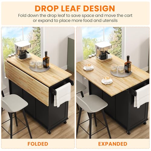 Black Kitchen Island Cart with Drop-Leaf Countertop, Rolling Storage Cabinet & 3 Drawers R988438