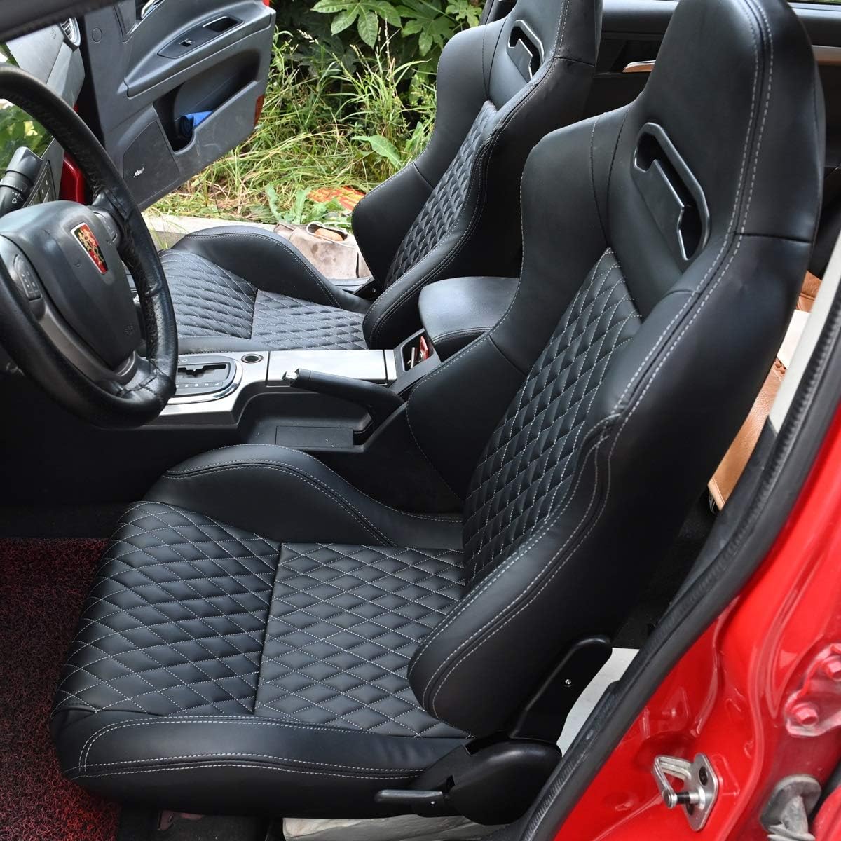 2PCS PVC Leather Racing Bucket Seats with Sliders (Black & White) T10977