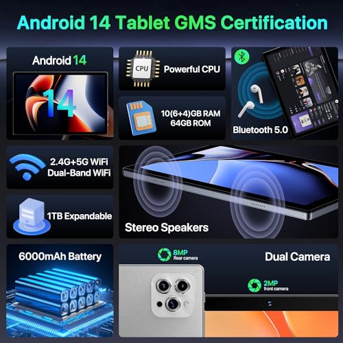 10 inch Android 14 Tablet Octa-Core 10GB RAM 64GB ROM 6000mAh Battery J31467