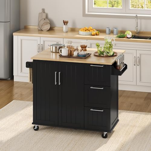 Black Kitchen Island Cart with Drop-Leaf Countertop, Rolling Storage Cabinet & 3 Drawers R988438
