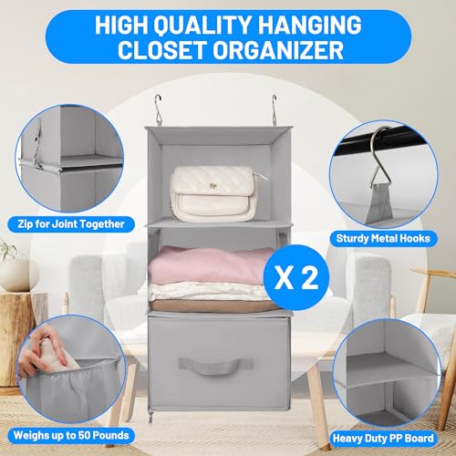 6-Shelf Hanging Closet Organizer with 3 Removable Drawers and 4 Side Pockets, Light Gray K81943