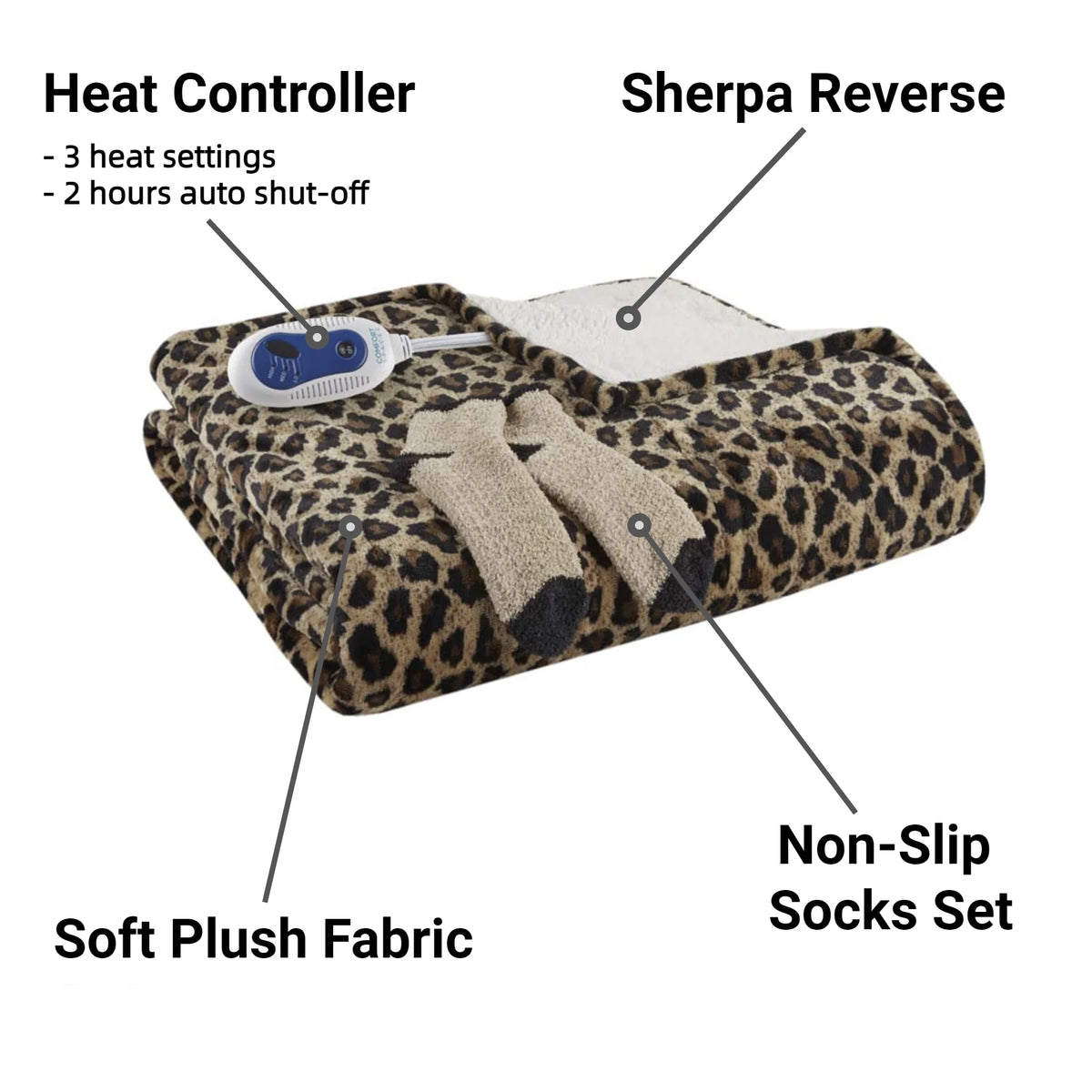Sherpa Electric Throw Wrap with Sock Set Heated Wearable Blanket Reversible Animal Print 50"x64" P2498