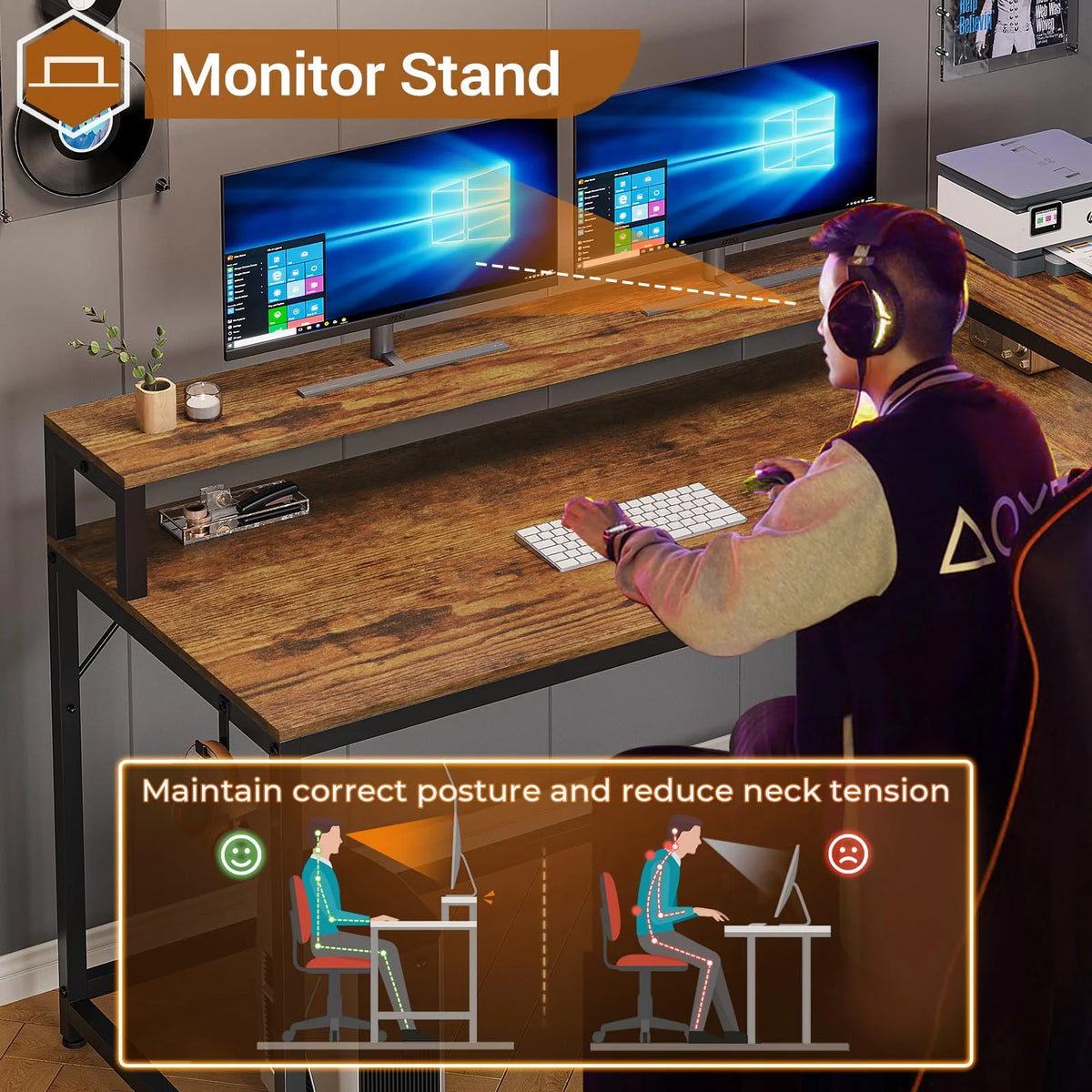 Brown L Shaped Computer Desk with LED Lights and 2 Drawers Z7368