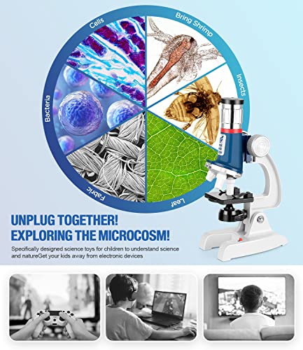 Kids Microscope Kit 100X-1200X Magnification Metal Body LED Light C20642