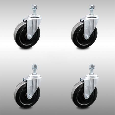 5 inch Hard Rubber Wheel Swivel 10mm Threaded Stem Caster Set E449