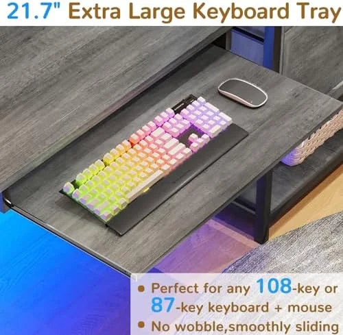 Rustic Brown L Shaped Desk with LED Lights and File Drawers P54747