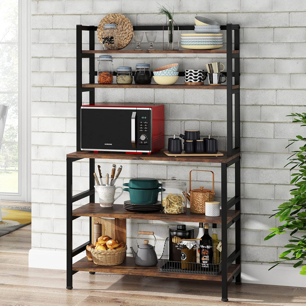 5-Tier Kitchen Bakers Rack with Hutch, Industrial Microwave Oven Stand, Free Standing Kitchen Utility Cart Storage Shelf Organizer (Rustic Brown) Q902