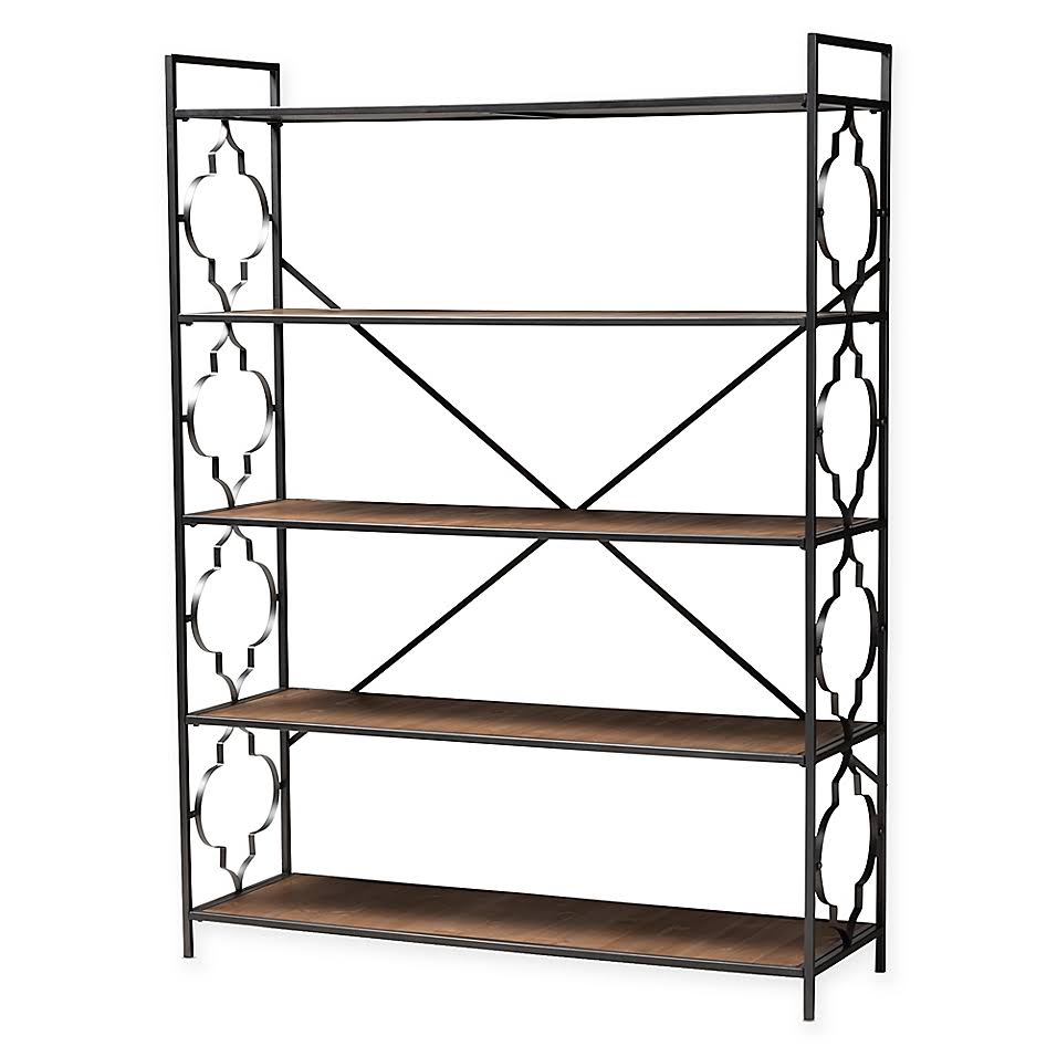 5-Shelf Metal and Wood Bookcase in Black/Oak S297370