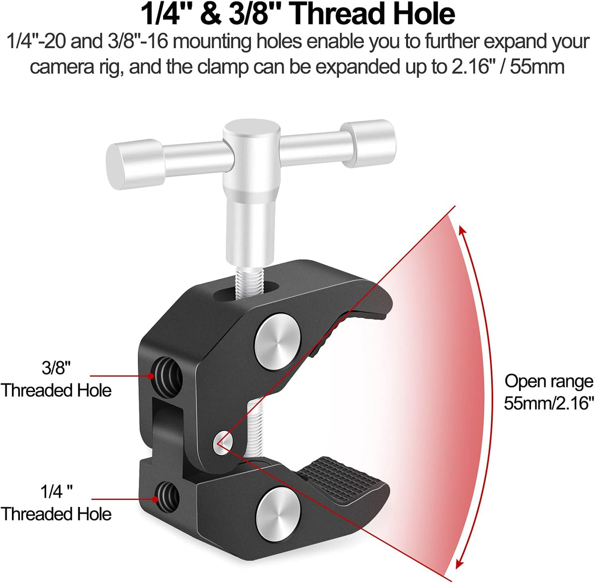 Camera Mount Clamp with 1/4 and 3/8 Thread Adjustable Articulating Arm N40125