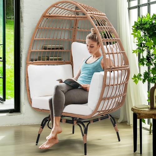 Oversized 360 Swivel Rattan Egg Chair with Beige Cushion A90180