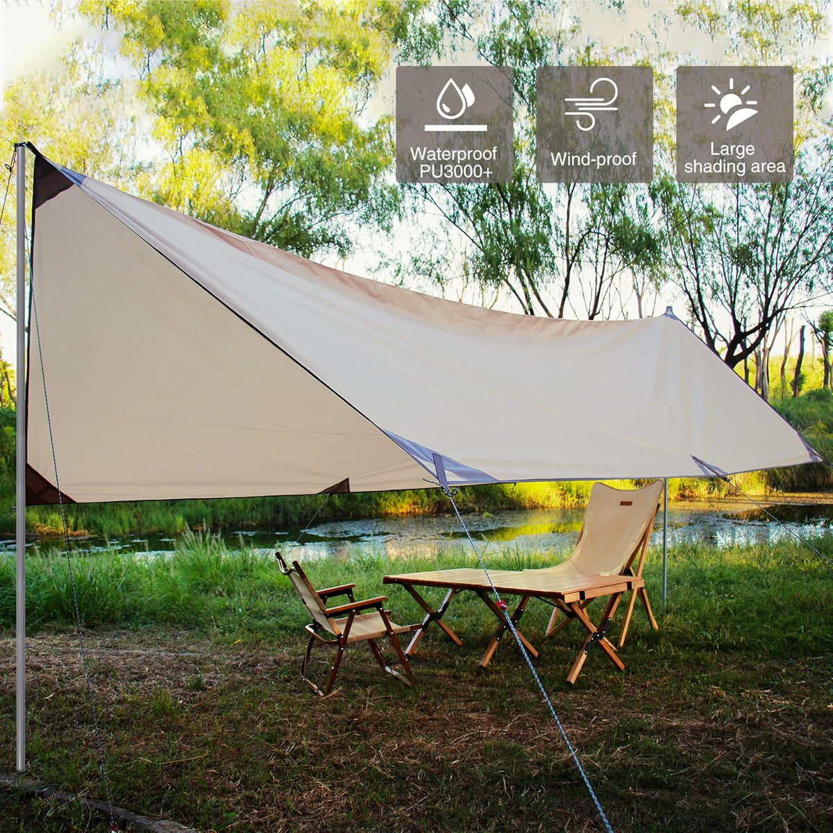 Camping Tent Tarp with Poles, 4-6 Person PU 3000mm Lightweight Awning Canopy Sun Shelter O829228