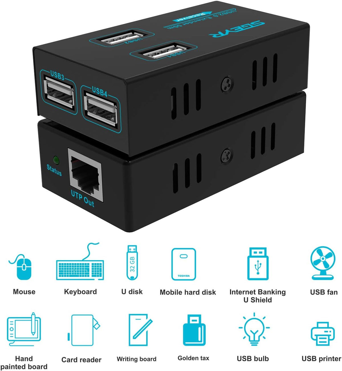 Metal USB Extender Over Cat5e/6, 50M, 4 USB 2.0 Ports, Pack of 2 L155348