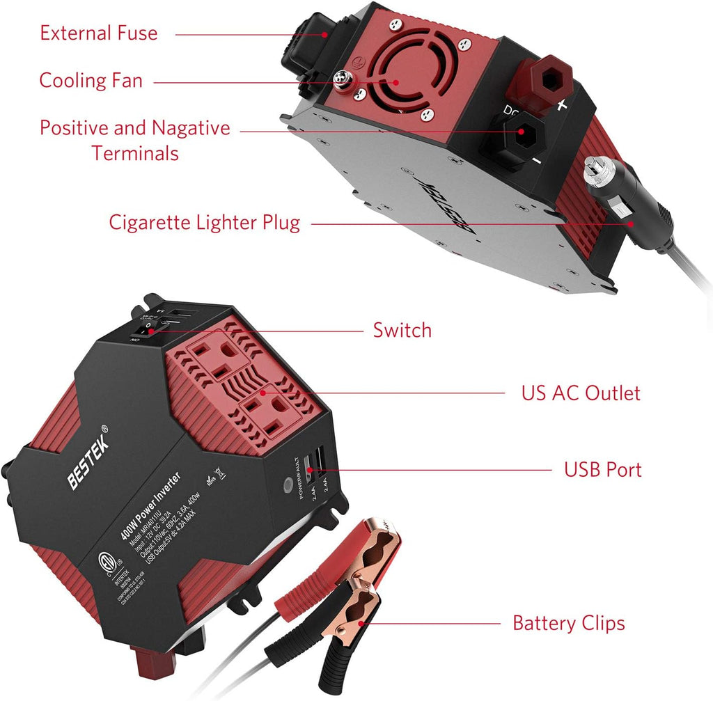 400W Car Power Inverter DC 12V to AC 110V with 4 USB Charging Ports Pack of 2 N6068
