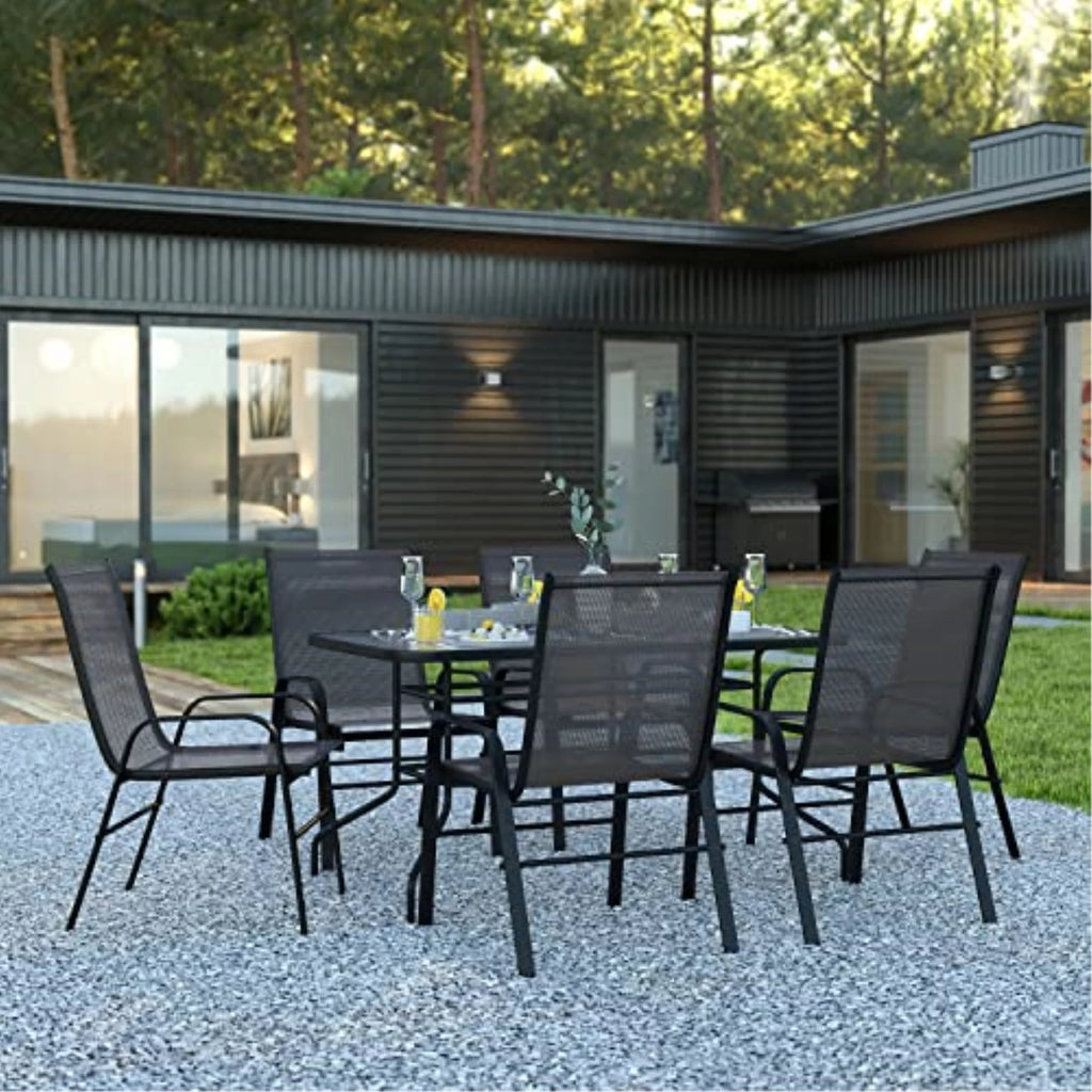 7-Piece Black Rippled Glass Patio Table Set with 6 Chairs M3924