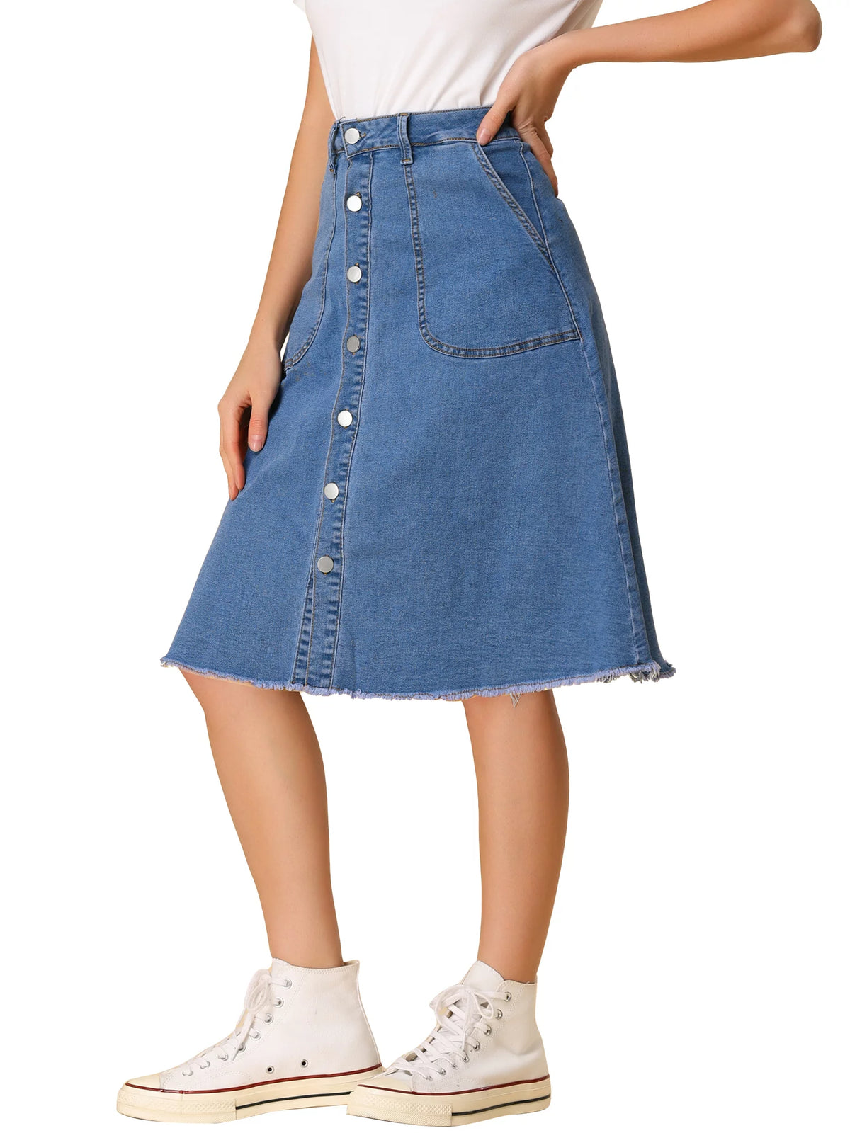 Denim Raw Hem Button Down A-Line Midi Skirt V353513
