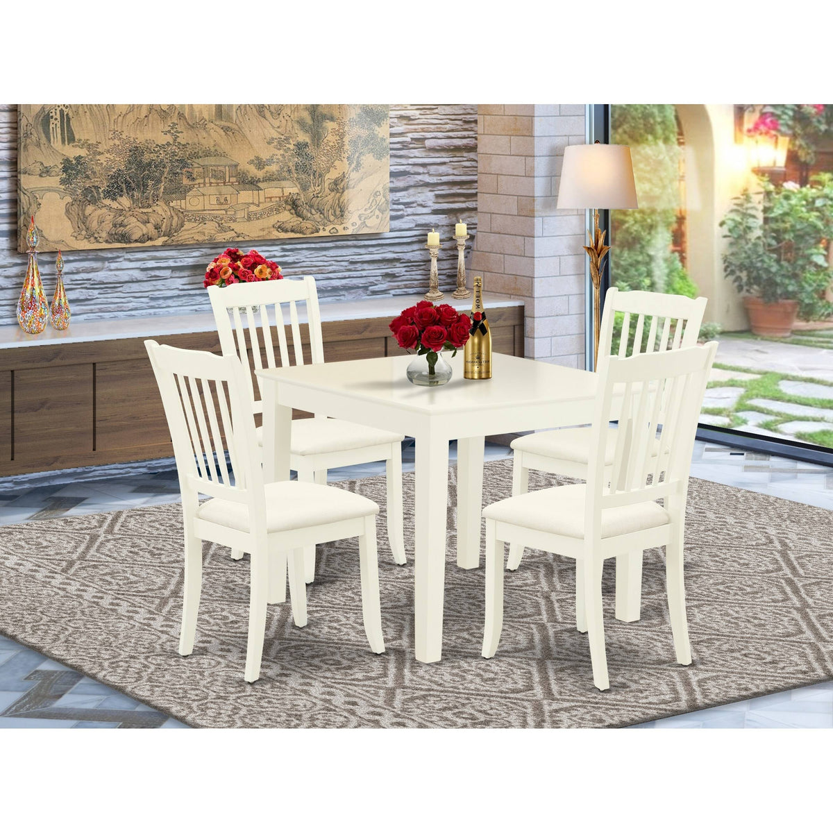 5pc Dining Set with Square Dinette Table and Four Linen Seat Kitchen Chairs Y934