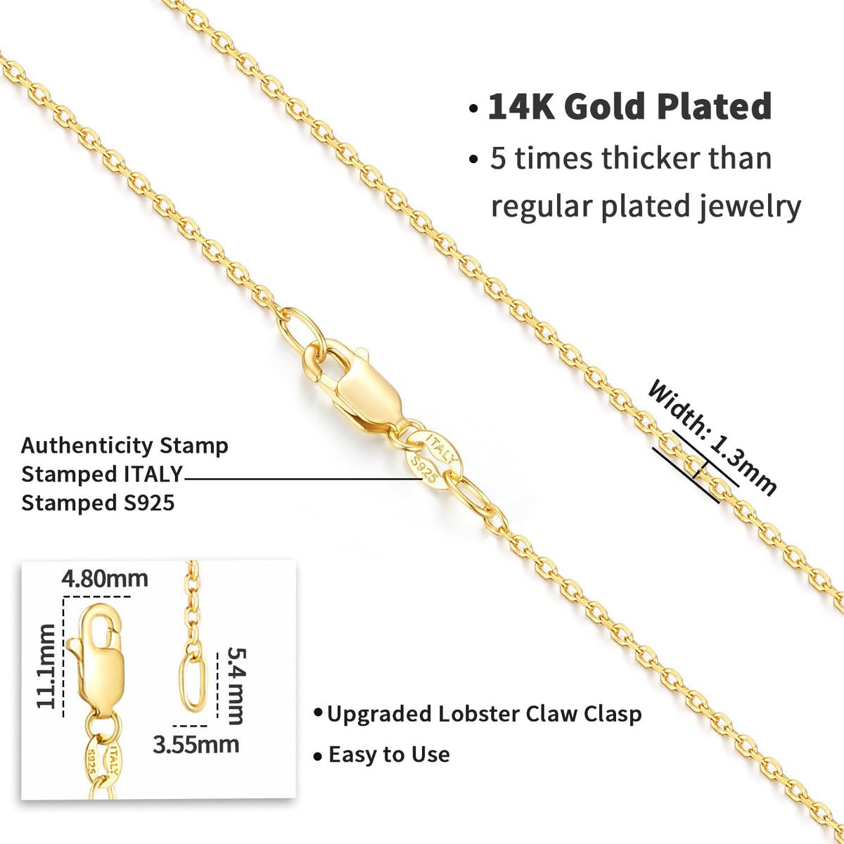 Italian 14K Real Gold Over 925 Sterling Silver Cable Chain Necklace 1.1mm 1.3mm 14 16 18 20 22 24 26 Inch T622193