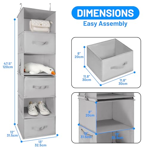 6-Shelf Hanging Closet Organizer with 3 Removable Drawers and 4 Side Pockets, Light Gray K81943