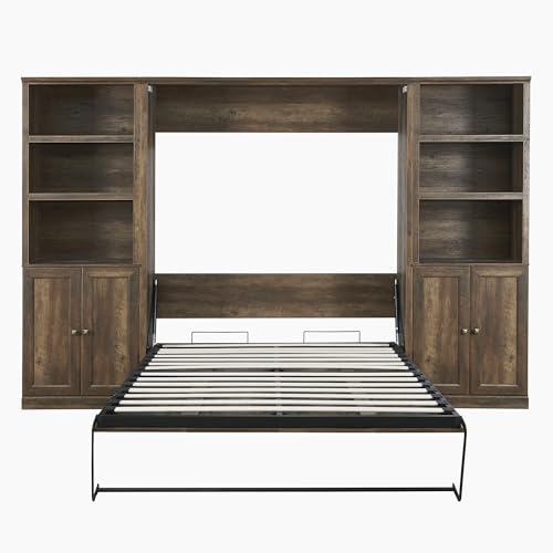 Queen Size Wall Murphy Bed with 2 Side Cabinet Storage Shelf and Built-in USB Ports S120848