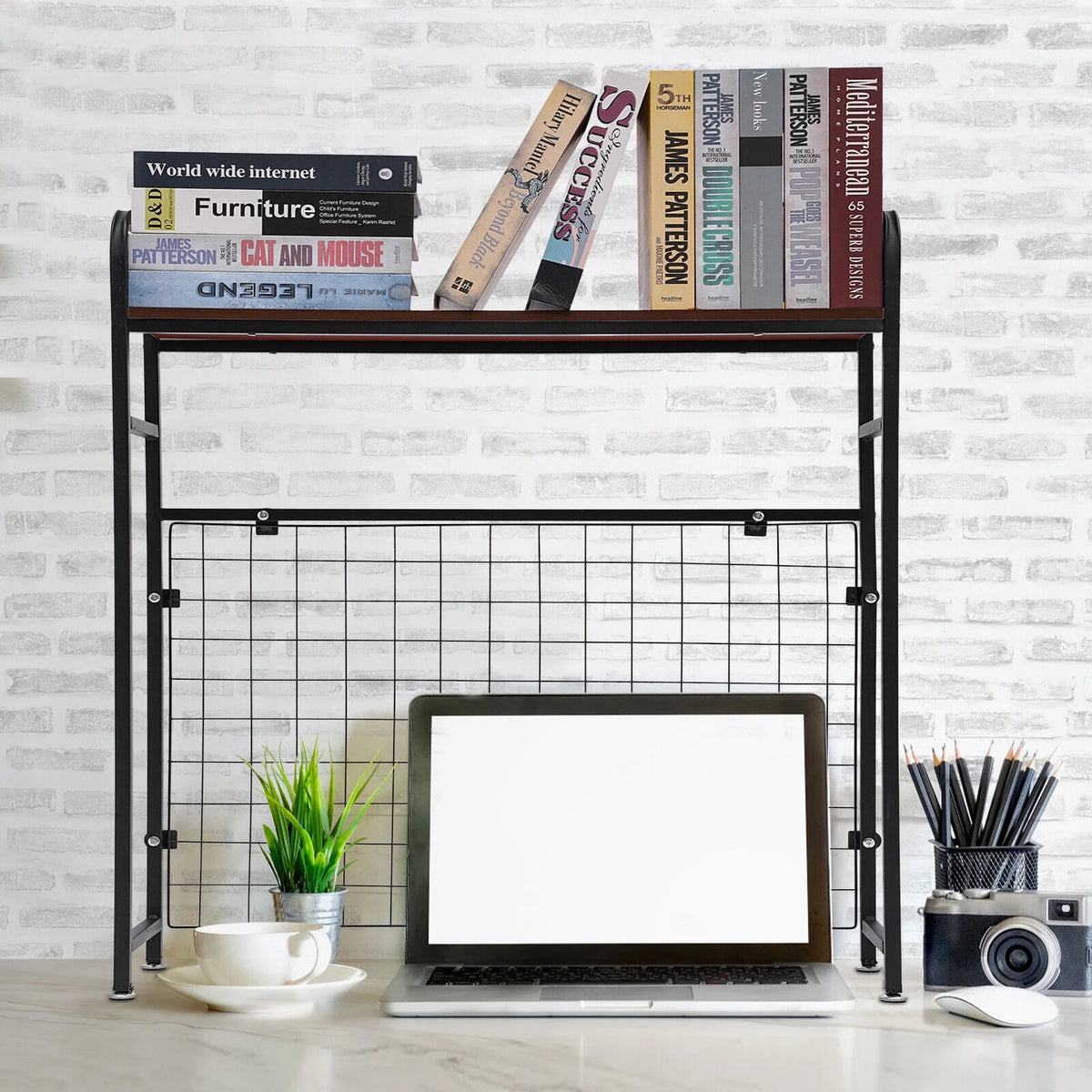 Black Bookshelf with Grid Desk Storage Shelf I5074