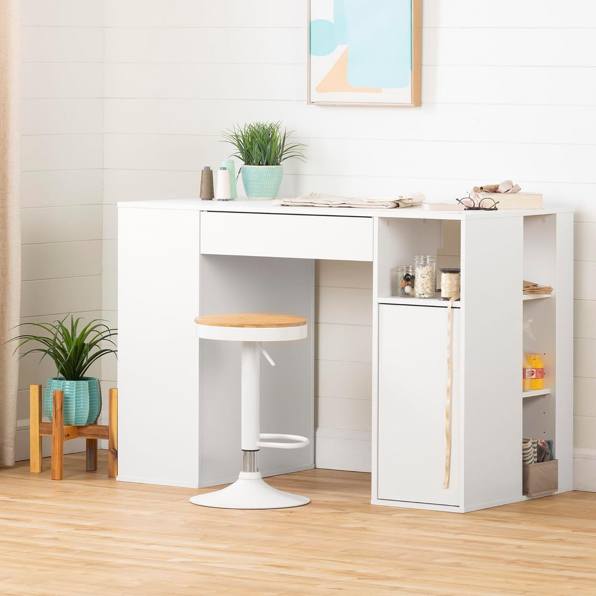 Pure White Counter-Height Craft Table with 4 Baskets L77188