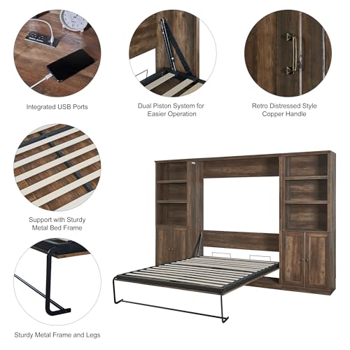 Queen Size Wall Murphy Bed with 2 Side Cabinet Storage Shelf and Built-in USB Ports S120848