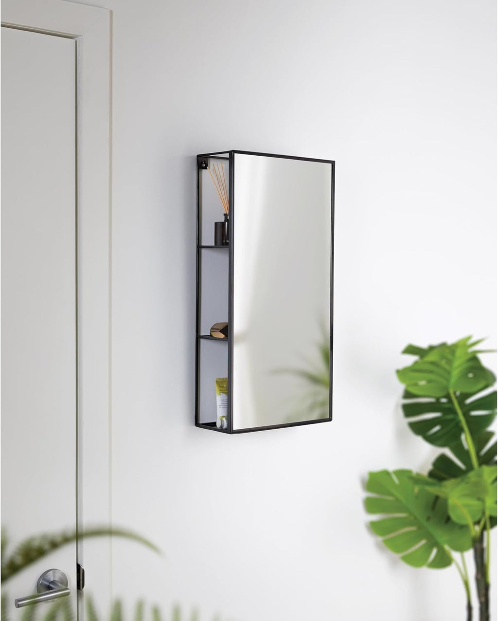 Black Metal Bathroom Mirror Storage Cabinet with 3 Shelves K63926
