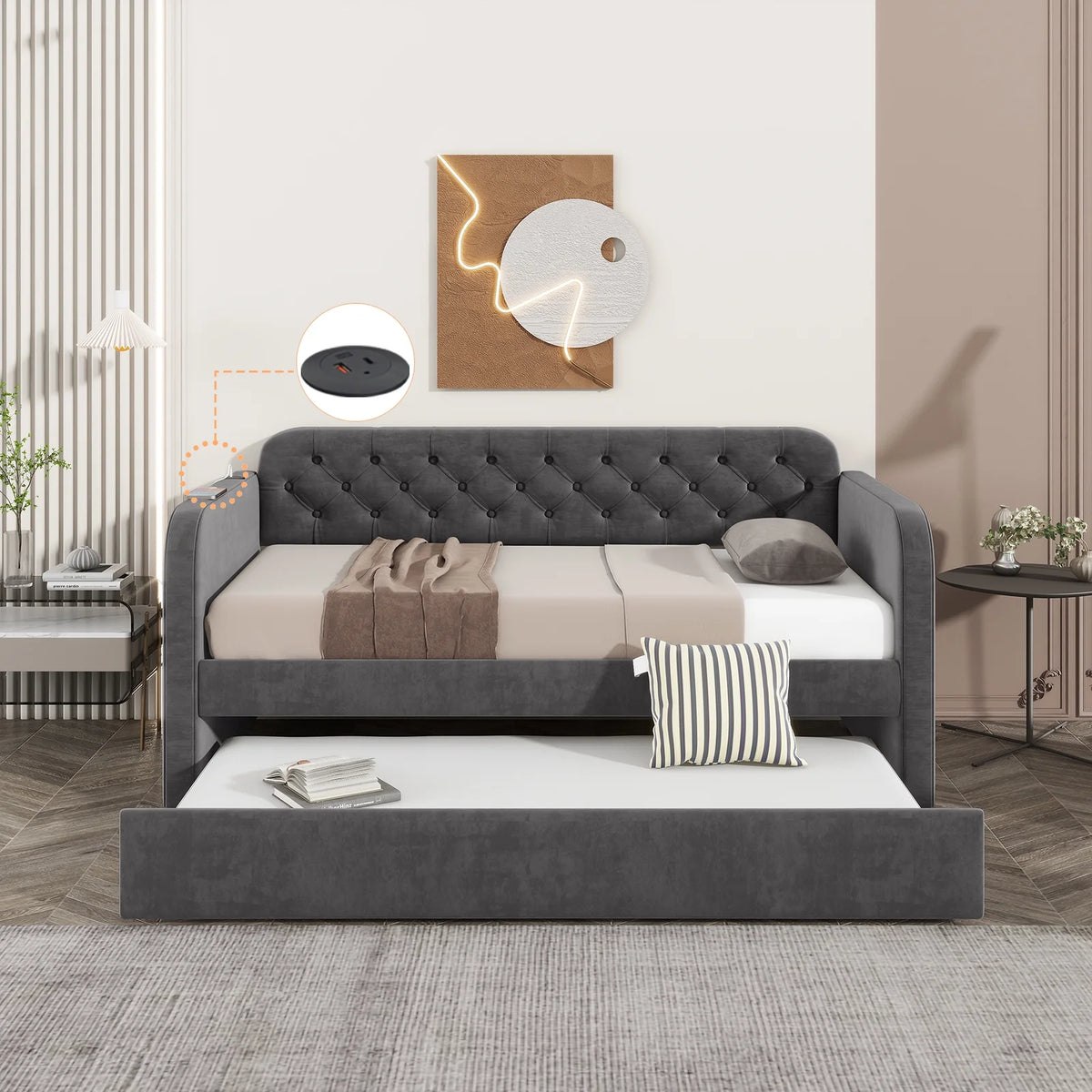 Twin Size Velvet Upholstered Daybed with Trundle F7394