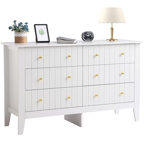White 6 Drawer Wood Dresser with Metal Handle Q3865